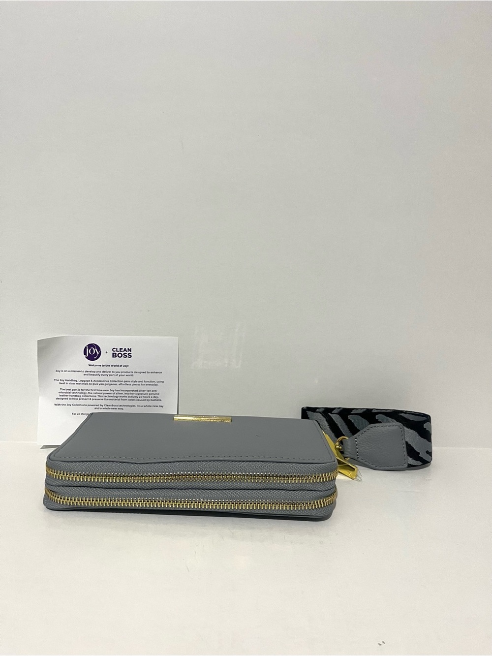 Joy Mangano Clean Boss Gray Double-Zip Wristlet with Black Patterned Strap